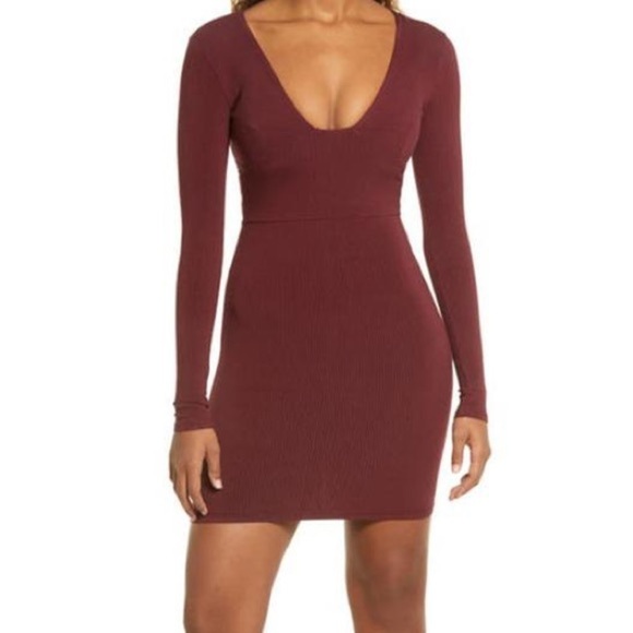 naked wardrobe Dresses & Skirts - naked wardrobe maroon slimming bodycon long sleeves v neck large